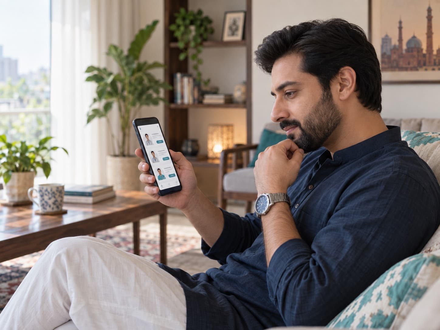 Pakistani patient comparing hair transplant specialists and consultation options online